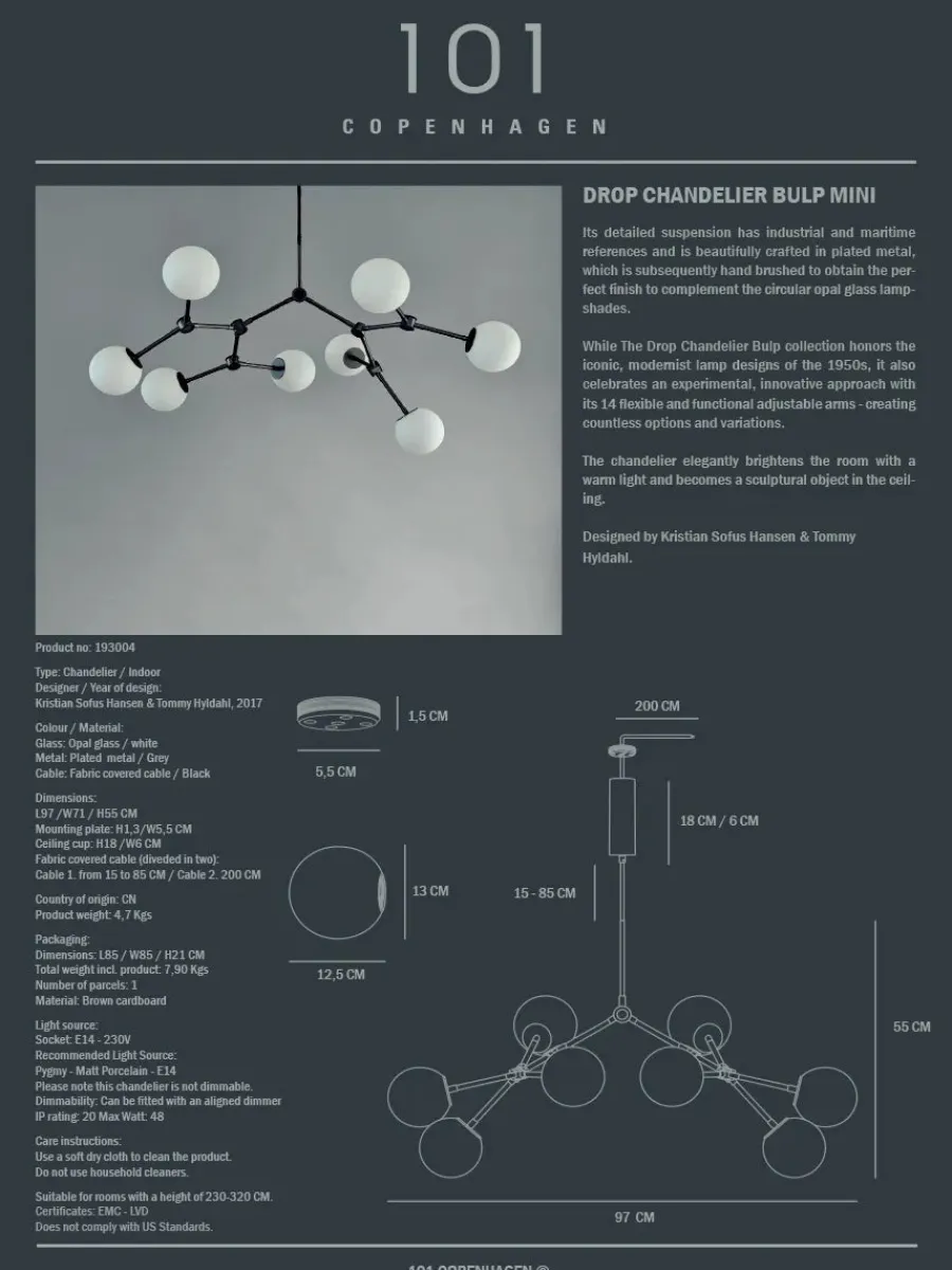 101 Copenhagen Drop Bulp Chandelier, mini grey fra Clearance